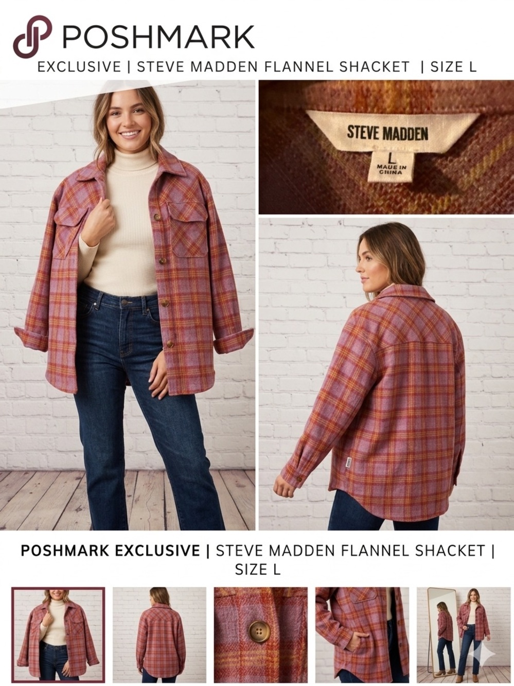 Steve Madden Rust and Pink Plaid Flannel Shirt Jacket